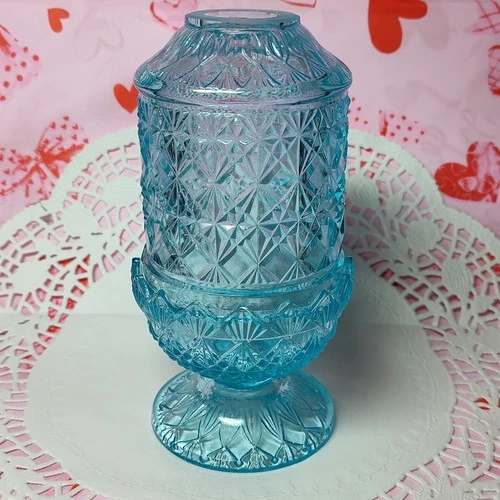 Wilkerson Light Blue Selenium Glow Fine Cut Fenton Mold 2 Piece Glass Fairy Lamp