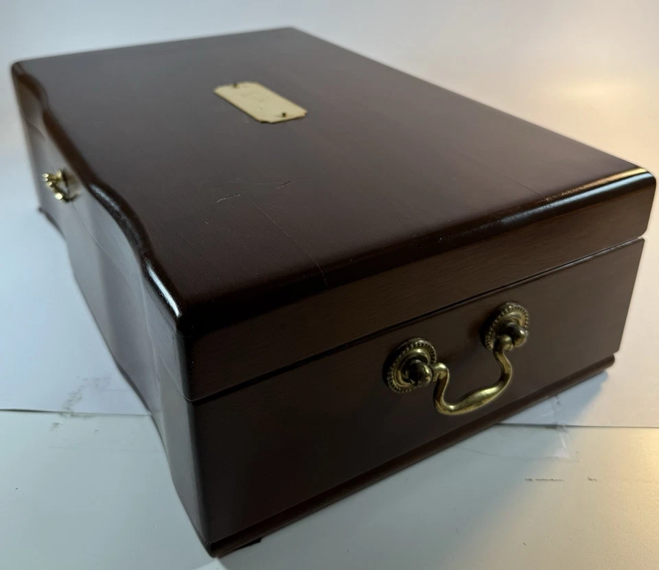 Vintage Wooden Jewelry Box 14” Blue Lined Brass Handles & Lock 1980 Marked 627 - Image 2 of 4