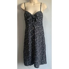 AUW Black White Floral Midi Dress Sweetheart  Tie Front Smocked Back M READ