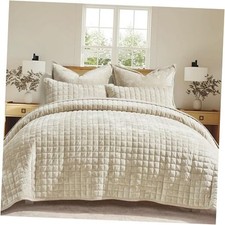 Luxury Velvet Quilt Set King Size Bedding King/Cal King 108" x 92" Beige