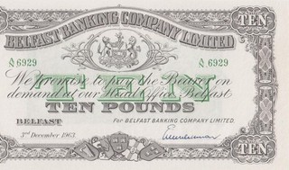 Belfast Bank 1963 Irlanda del Norte 10 libras £10 "A/N" X raro ((gema sin circular))
