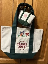 Trader Joes Mini Canvas Tote Bag Green Customized Floral Design Pocket + Micro
