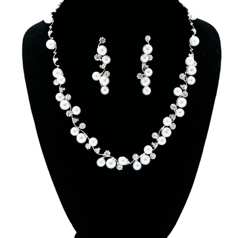 3pc Bridal Faux White Pearl & Clear Crystal Flowing Vine Necklace Bracelet Set  - Bild 3 von 10