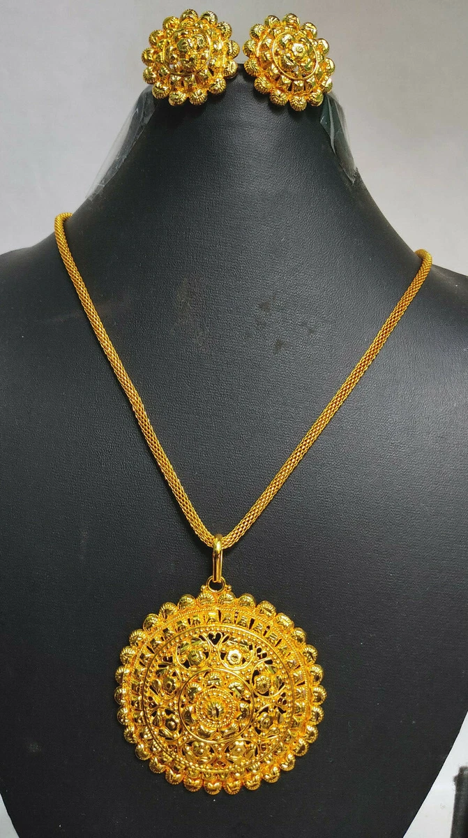 22K Gold Plated Indian 8 Long Necklace Chain Pendant Earrings