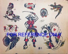 VINTAGE Pirate Lady Sword Lizard Horseshoe Cards Bird Colored TATTOO Flash Print