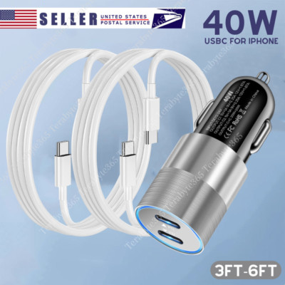 Dual Type C 40W Adapter Car PD Fast Charger Cable For iPhone 16 15 14 13 12 11 X