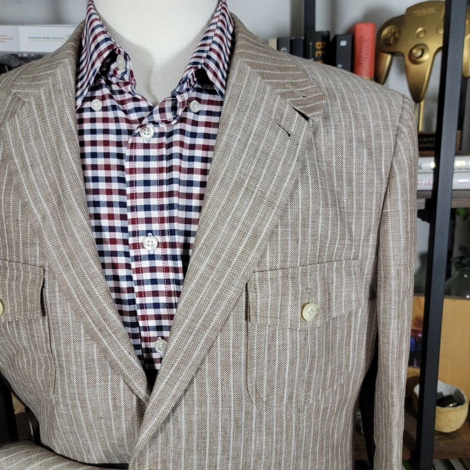 Perry Ellis Men's Sport Coat Blazer Two Button Brown Striped 100% Linen Size 42R - Image 3 of 4