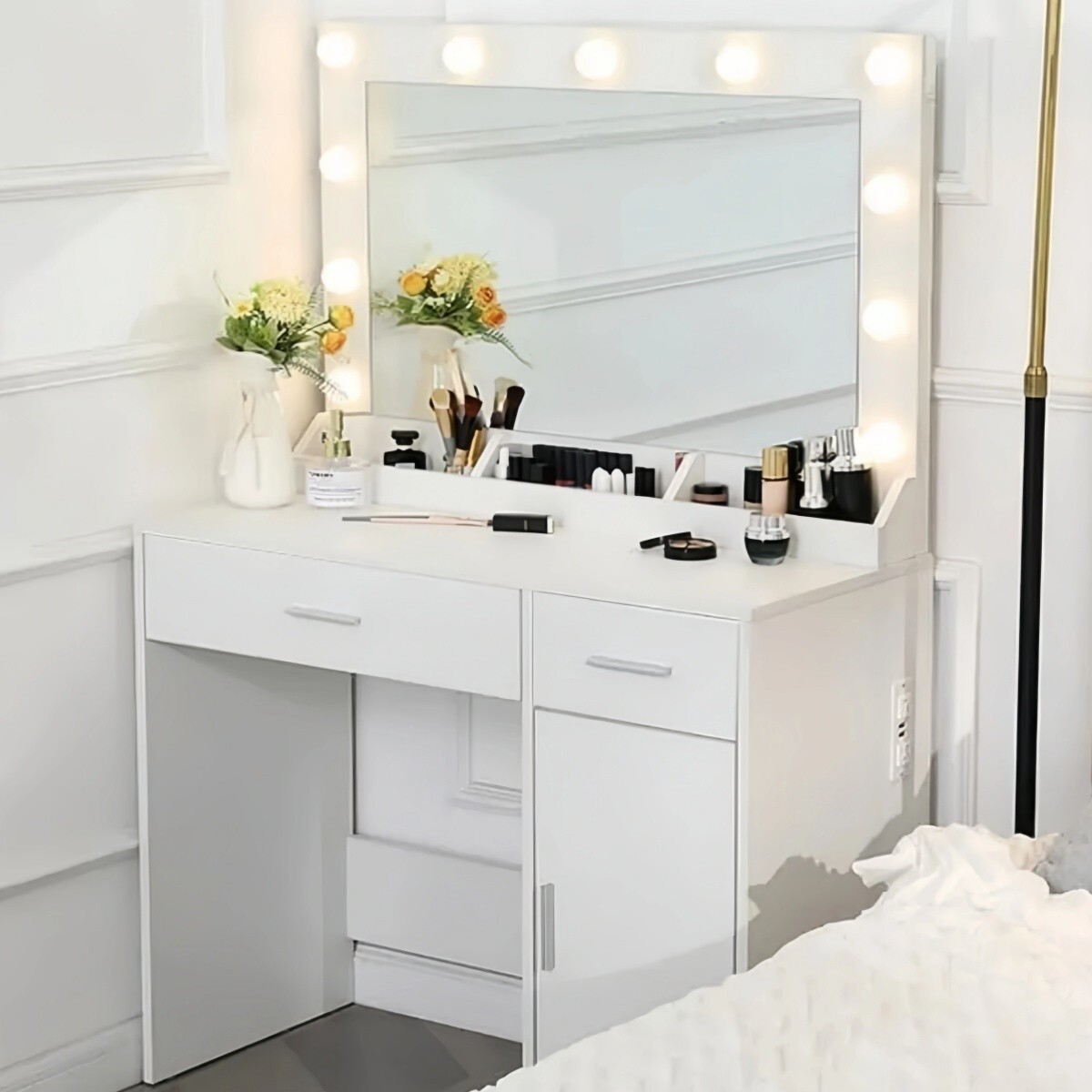 Schminktisch Frisiertisch mit LED-Beleuchtung und Spiegel, Schublade, Steckdose