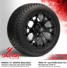 4x GOLF CART 12" MATTE BLACK 'MANTIS' WHEELS and 215/40-12 DOT LOW PROFILE TIRES