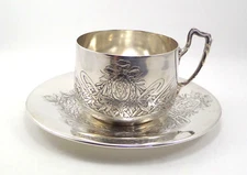Antique French Sterling Silver Minerva Cup & Saucer Monogram JV 220.4 Grams