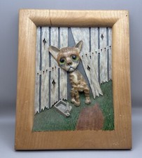Vintage Wood Hand-Carved Big Eyed Cat Wall Hanging Signed