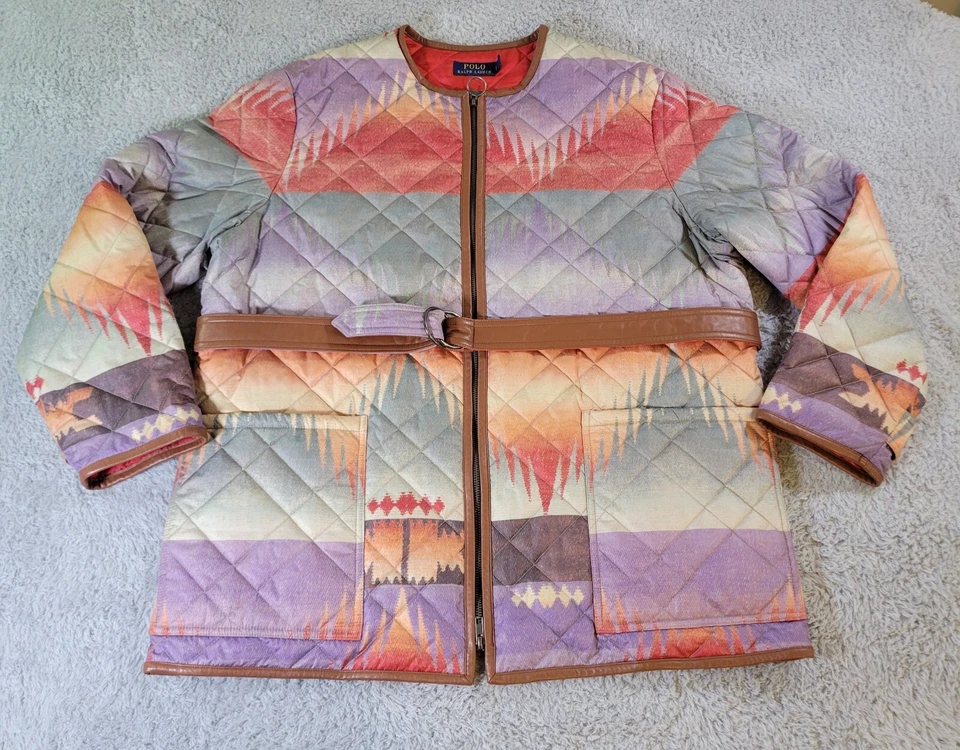 Jaqueta Polo Ralph Lauren Asteca Feminina Grande Pôr do Sol Acabamento em Couro de Cordeiro