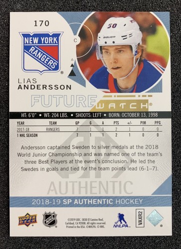 2018-19 SP Authentic #170 Lias Andersson Future Watch RC Rookie /999 - Bild 2 von 2