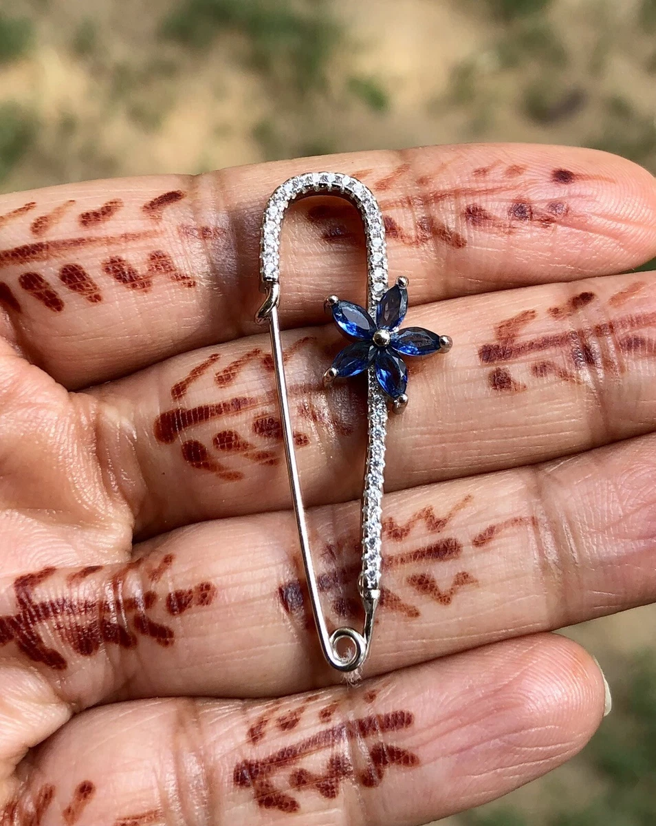 925 Sterling Silver CZ Safety Pin Brooch Saree Pin Hijab Pin