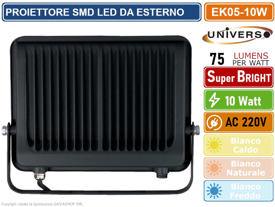 FARO PROIETTORE SMD LED FLOODLIGHT 10W SLIM IP65 COLORE NERO - 3000K 4000K 6500K - Immagine 2 di 3