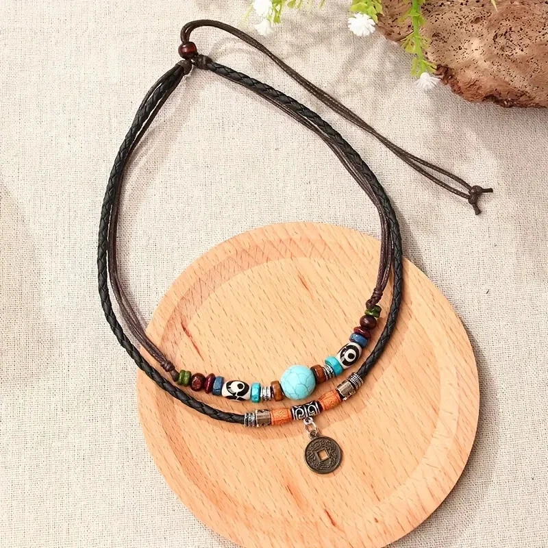 PU Leather Natural Boho Coin Necklace Pendant, Wooden Beads, Ethnic, Long Chain — 第 2/4 张图片