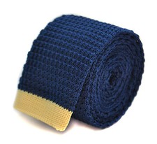 Knitted Silk Mens Tie - Dark Navy Blue - Pale Yellow Tip End by Frederick Thomas