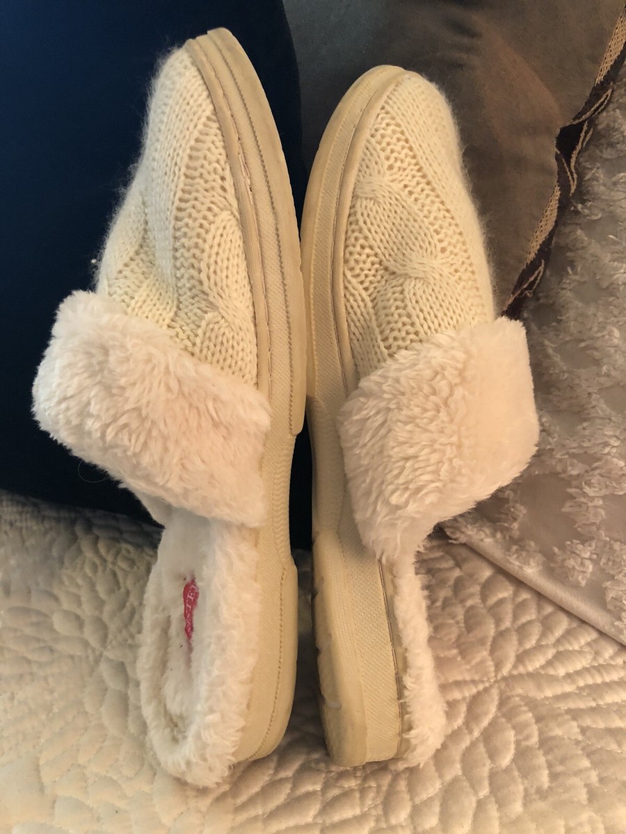 Cream Colored Spa Sister Cable Knit/Faux Fur/Mule Slippers/Sz M-L View 2