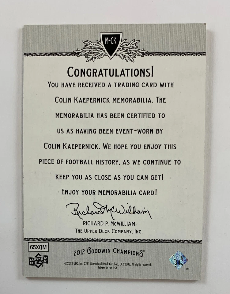 2012 Upper Deck Goodwin Champions #M-CK Colin Kaepernick Memorabilia Relic FRA35 - Image 2 of 2
