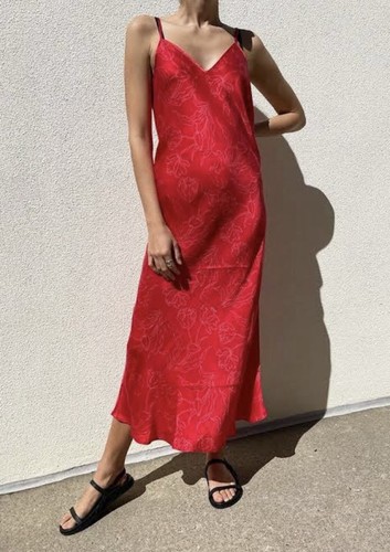 Silk Laundry 90’s Slip dress Red Tulips Size S 100 % Silk