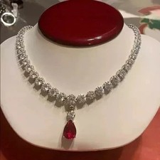 15Ct Pear Cut Lab Created Red Ruby Women's Tennis Necklace 14K White Gold Finish