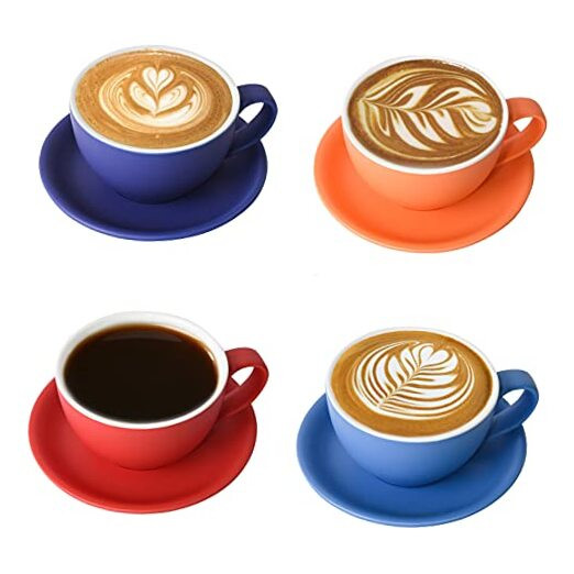  Porcelain Latte Cup and Saucer - 10 oz for Cappuccino,Tea,Cafe Mocha, Set of 