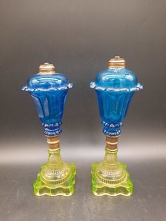 2 Antique Cobalt Vaseline Glass Oil Lamps Damage Parts Uranium Bases VG Cond