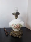 Vintage Hand Painted Pink Floral  Milk Glass Hurricane Lamp. No Top Globe. Works