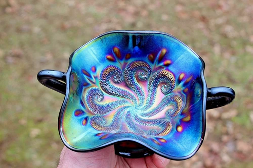 ANTIQUE DUGAN QUESTION MARKS CARNIVAL GLASS BON BON - ELECTRIC PURPLE