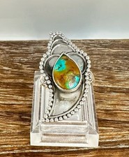 Native Southwest Style Kingman Turquoise Ornate Sterling Silver Ring Sz 8.5 Adj