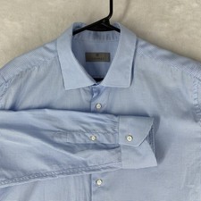 CANALI Shirt Mens 17 3/4 45 Blue Gingham Plaid Print Cotton Made In Italy Button