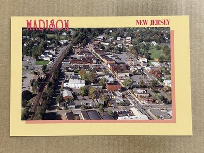 Postcard Madison NJ New Jersey Downtown Main Street Train Station Aerial View