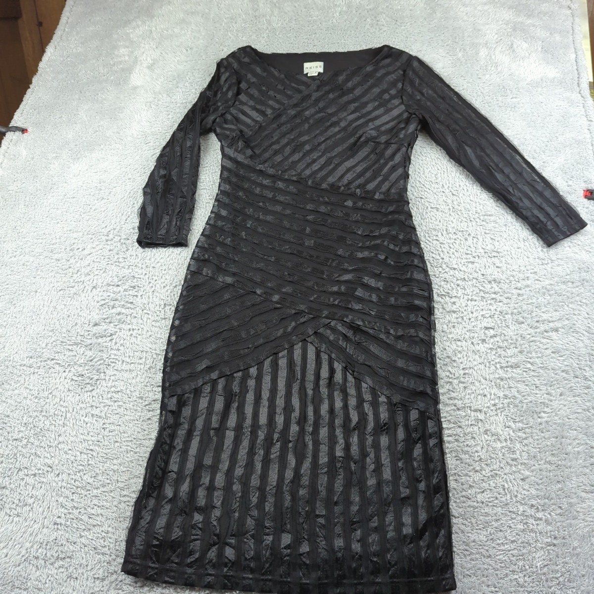 Reiss Dress Womens 6 Black Shift Evening Semi Sheer Rebecca Lacey Slim  Bodycon