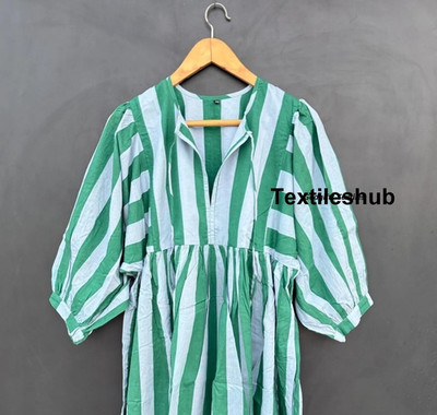 Cotton Green White Striped Print Maxi Gown, Deep Neck Dress Women's Clothing US