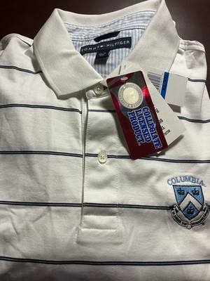 NWT Tommy Hilfiger XL White Blue Stripe Polo Shirt Columbia University Crest