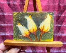 ACEO Original, biało-żółte róże, kwiaty, gabinet, pastele olejne, synopia