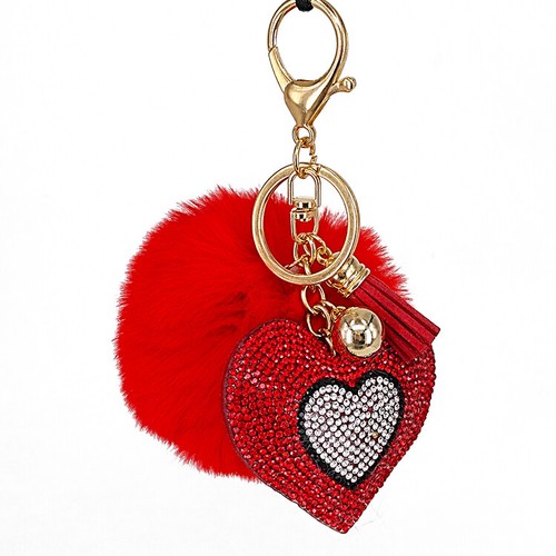 Cute Keychain Faux Fur Pompom with Crystal Heart - Fluffy Fur Ball Keychain. - Picture 18 of 18