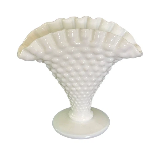 Fenton Fan Trumpet Vase Milk Glass Hobnail Crimped Ruffle 3.75" x 4.25" Vintage