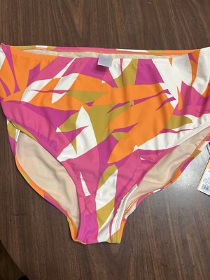 Kona Sol Women s 2X Bikini Swim Suit Bottoms NEW Pink Orange White Leaf Print