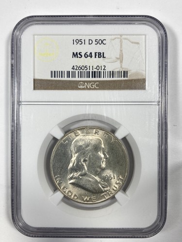 1951-D Franklin Half Dollar. .50. NGC MS64. FBL. - Picture 3 of 5