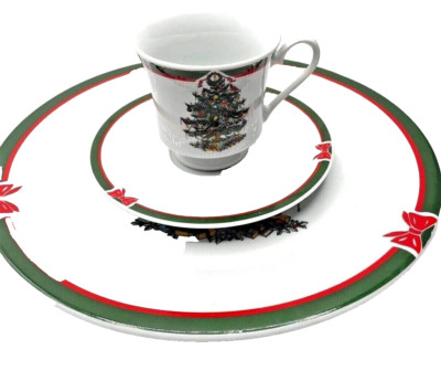 Topco Ribbons & Tree Christmas Dishes Dinner Plate, Saucer, & Cup