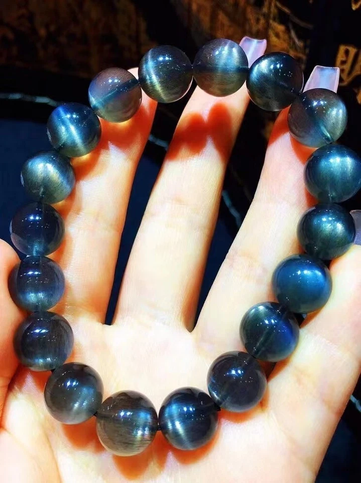 Brazalete de cuentas redondas de piedra solar de cristal negro natural genuino 11 mm AAAA Foto 2 de 4