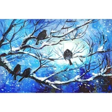 Original impasto oil painting. Winter morning with birds. 7.8 x 11.8 inches.