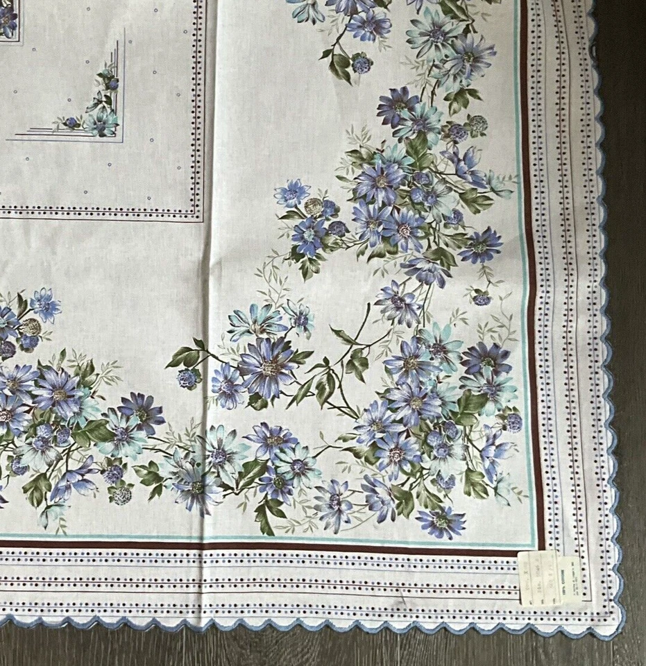 Italian Blue Floral Scalloped Edge 55" x 95" Cotton Tablecloth & 12 Napkins Set - Image 4 of 4