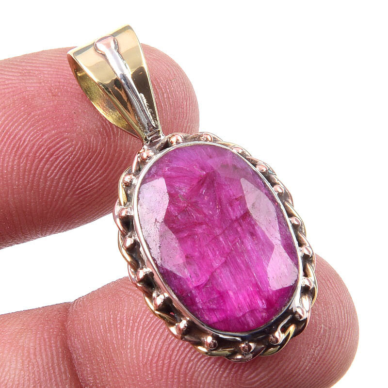 Red Ruby(Simulated) Handmade 925 Sterling Silver Two Tone Pendant 1.25