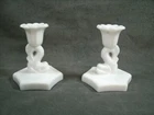 Pair of Vintage Westmoreland White Milk Glass Dolphin 4” Candlestick Holders