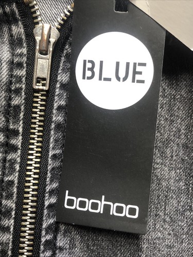 Boohoo Blue Hooded Bomber Jacket Size 2 Gray Stonewash Full Zip Pockets NWT - Picture 5 of 12