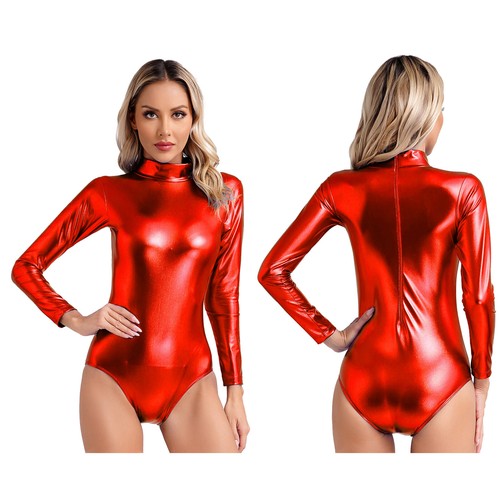 Body donna metallizzato lucido finto collo maniche lunghe body danza - Foto 30 di 126