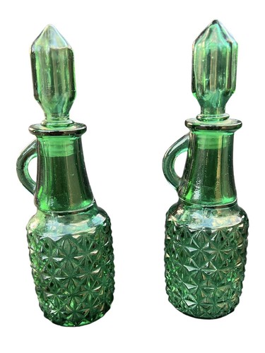 Vintage Emerald Green Cut Glass Vinegar & Oil Cruets/ Condiments W/Stoppers (E) - Picture 3 of 9