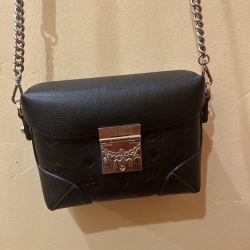 Authentic MCM Patricia Crossbody Bag Black Debossed Leather Laurel Lock Purse